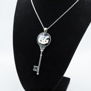Glass Sugar Skull Cat Key Necklace With Earrings